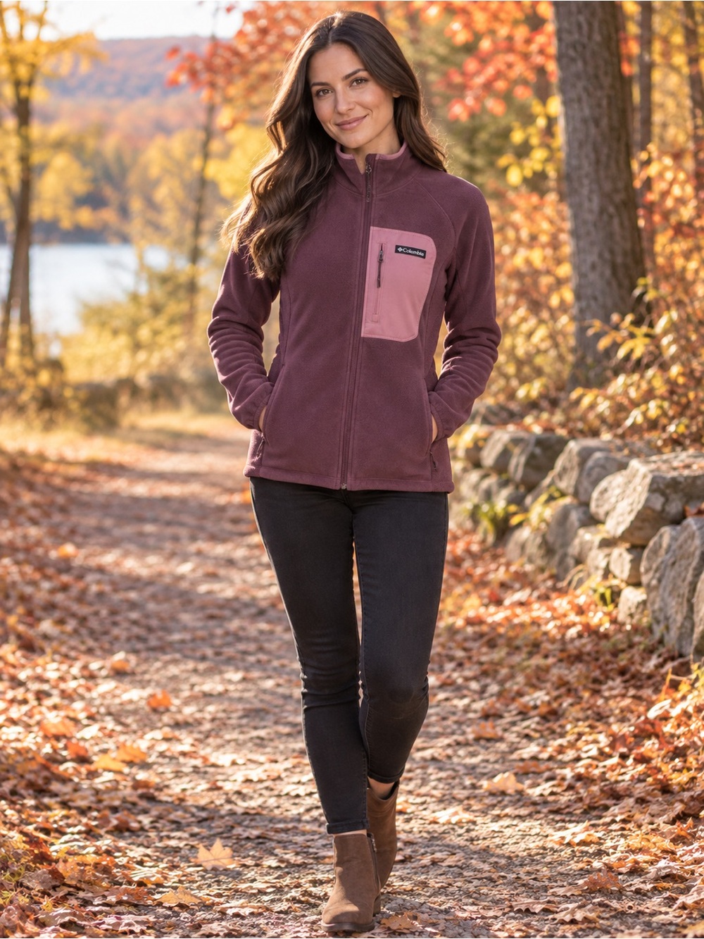 Columbia Women's Teddy Jacket in Plum with Pink Chest Pocket